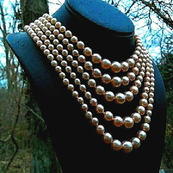 VINTAGE KJL 5-Strand Soft Pink Glass Pearl Necklace - Picture 3 of 16